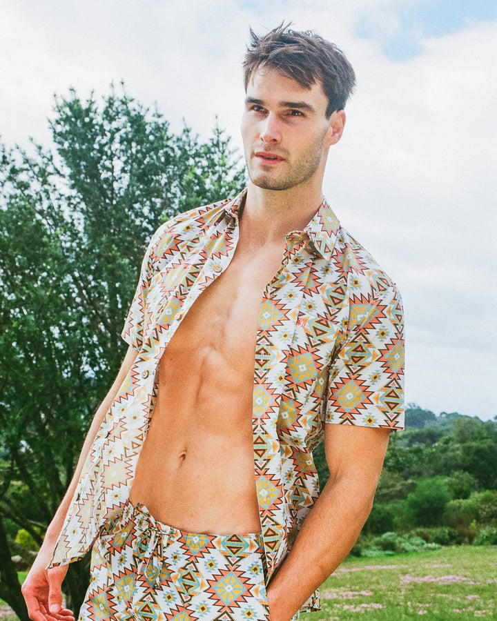 Mens Holiday Shirt - Aztec Off White