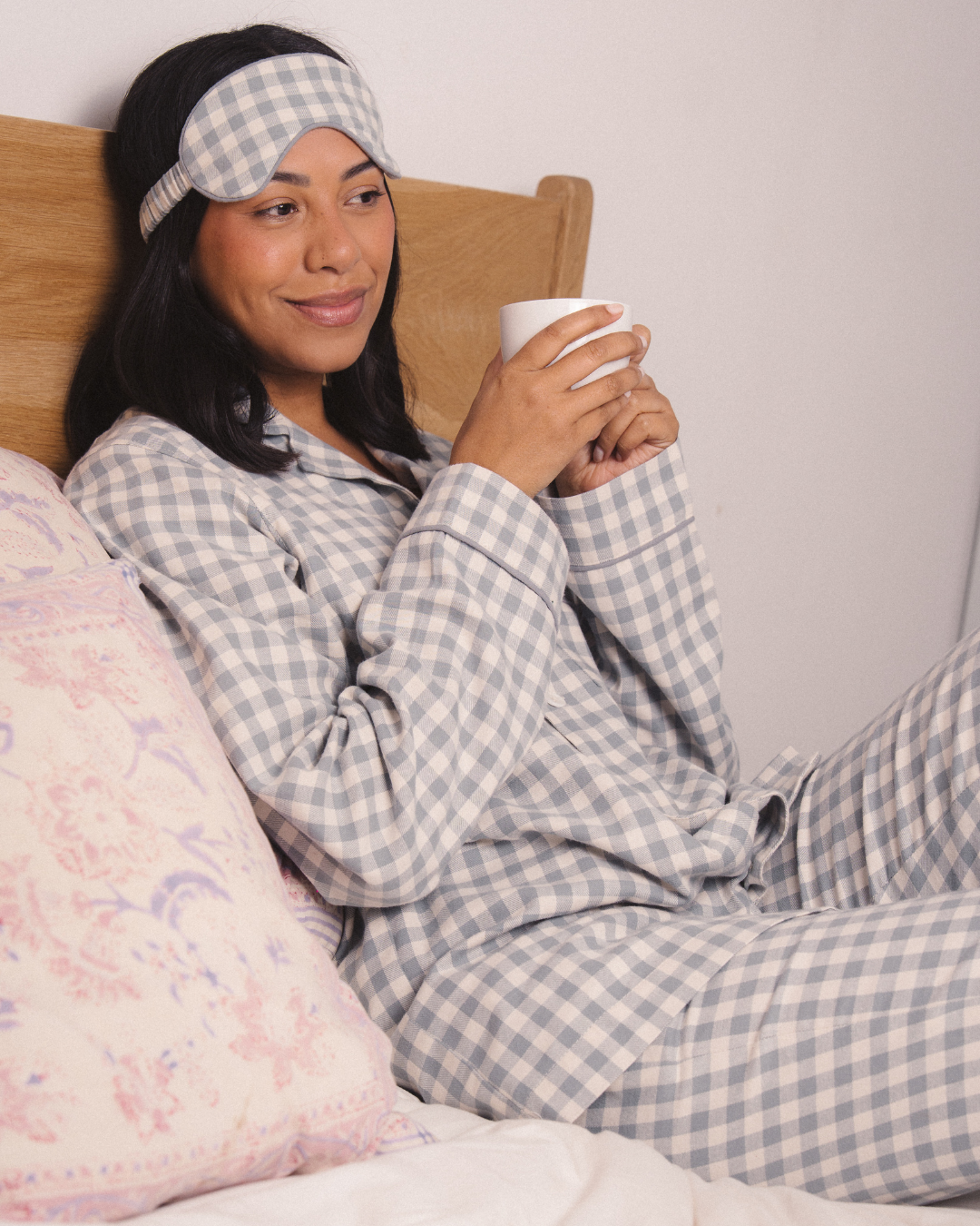 Womens Long Pyjamas - Grey Gingham on Cream