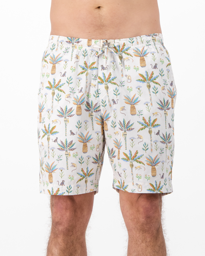 Mens Lounge Shorts - Monkeys and Palms on Off-White