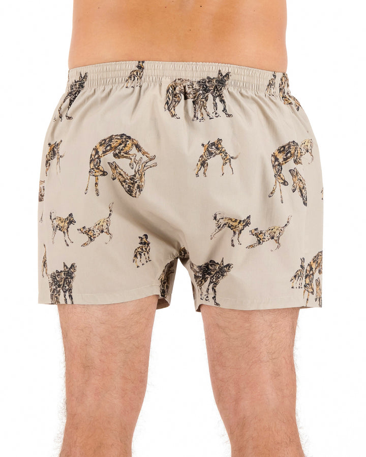 Mens Boxer Shorts - Wild Dogs on Beige