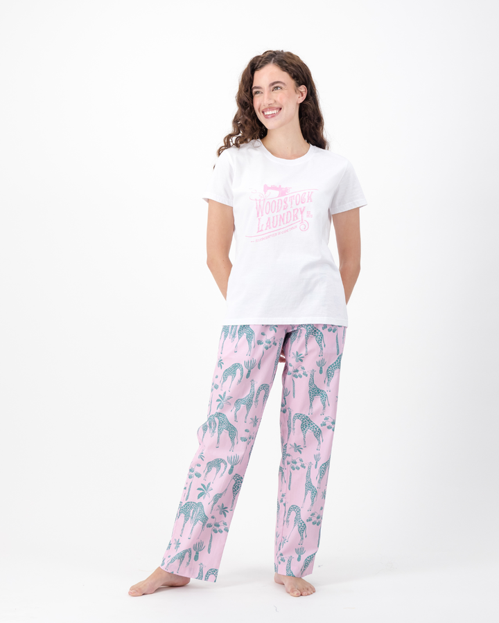 Womens Lounge Pants - Green Giraffes on Pink