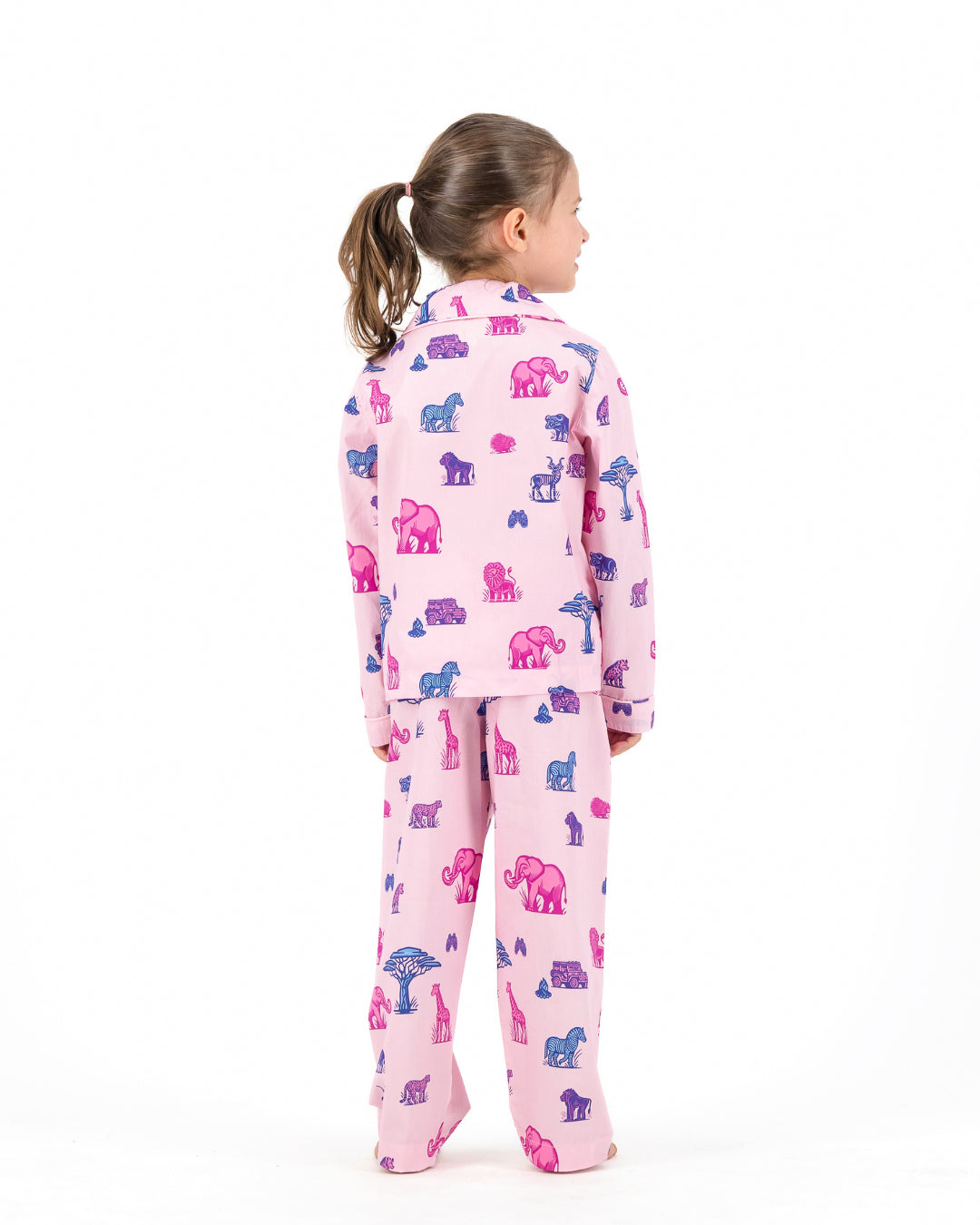 Girls Long Pyjamas - Safari Animals on Pink