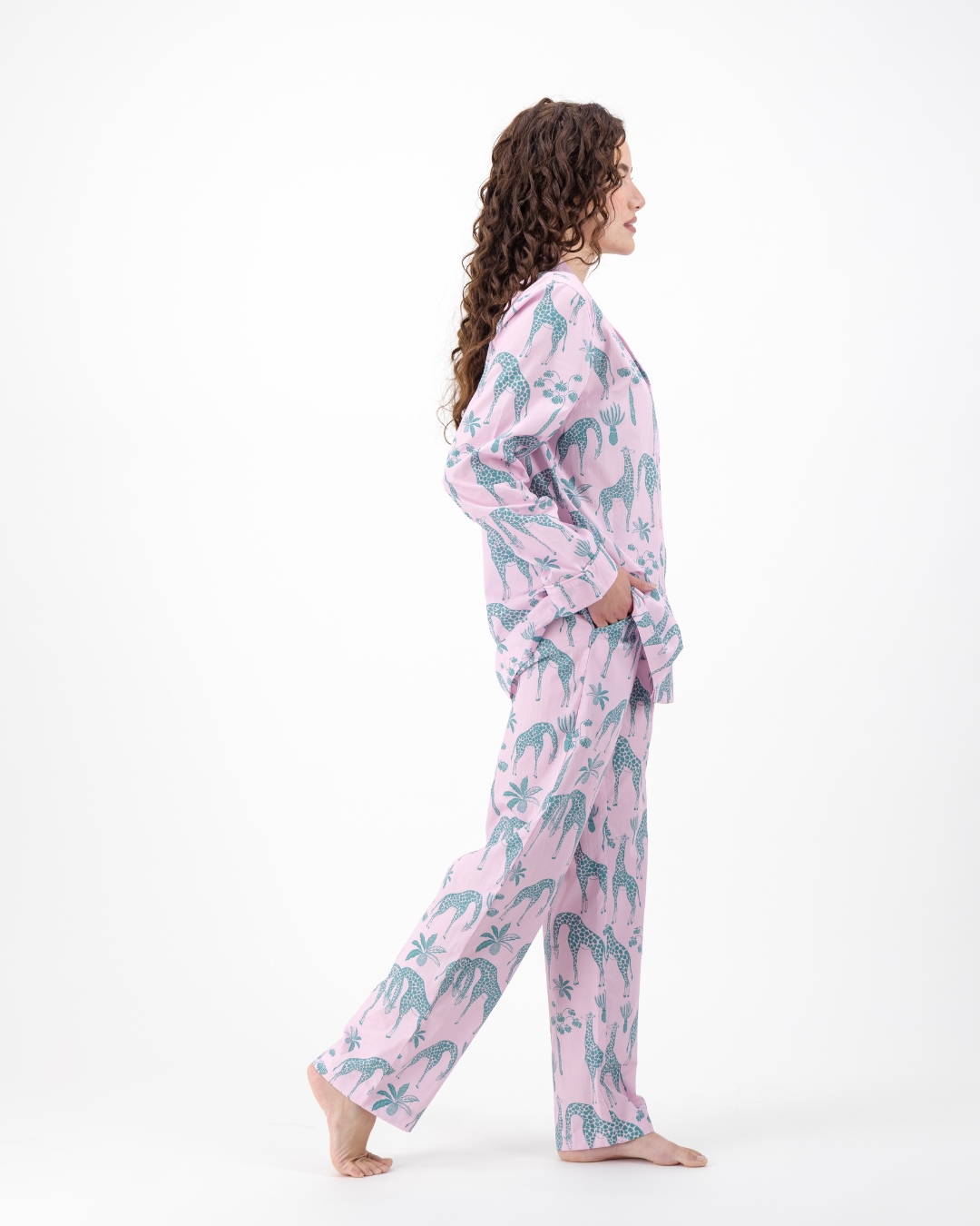 Womens Long Pyjamas - Green Giraffes on Pink