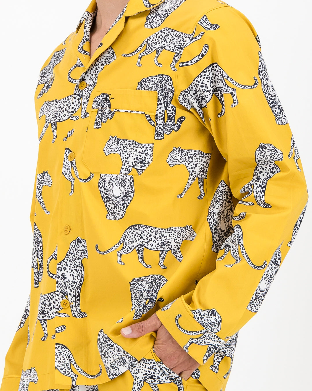 Mens Long Pyjamas - Mono Leopard on Mustard