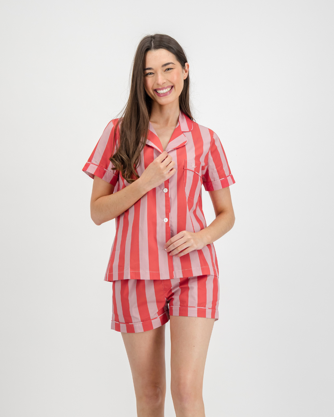 Womens Short Pyjamas - Pink Stripe on Red