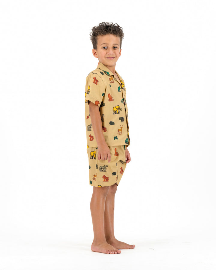 Boys Short Pyjamas - Safari Animals on Khaki