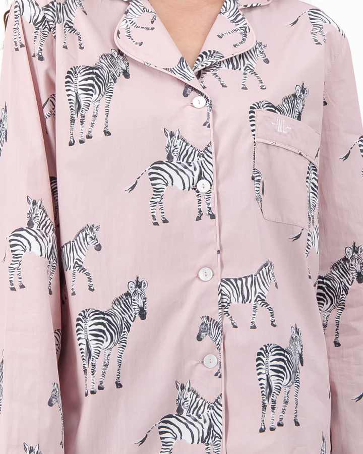 Womens Long Pyjamas - Mono Zebra on Pink