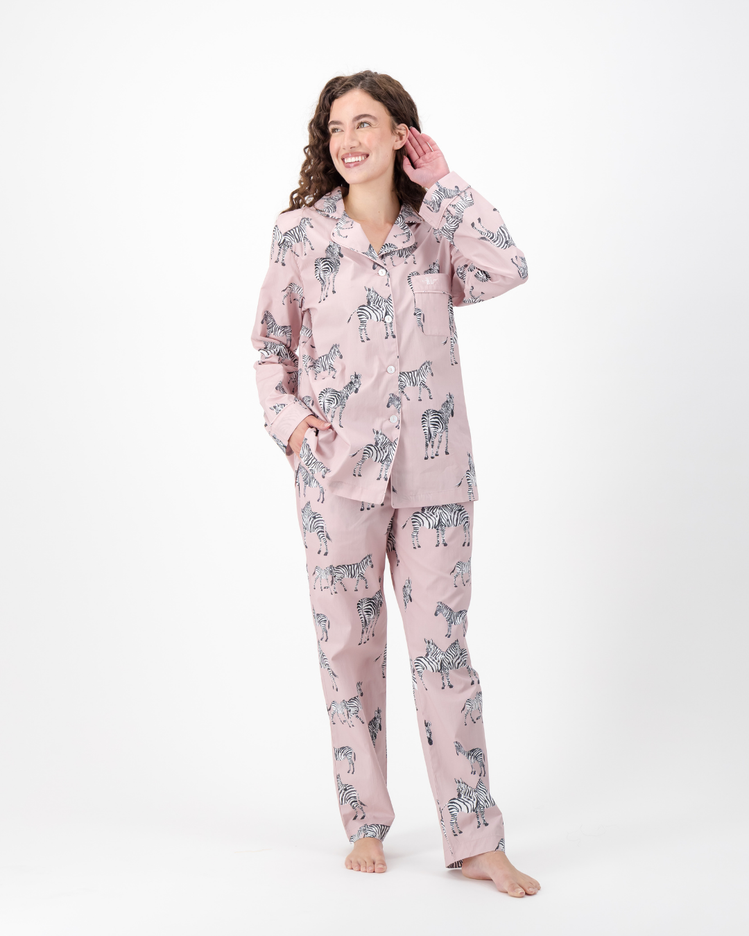 Womens Long Pyjamas - Mono Zebra on Pink