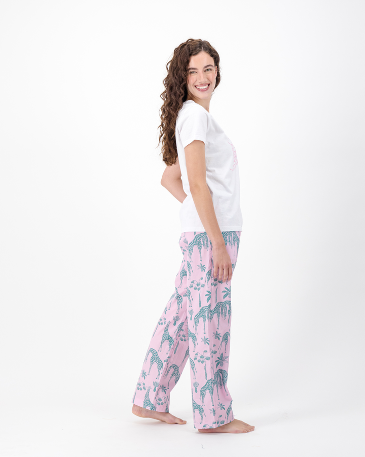 Womens Lounge Pants - Green Giraffes on Pink