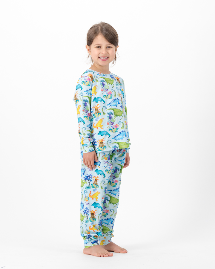 Kids Knitted Cotton Long Pyjama Set - Dinosaurs on Blue
