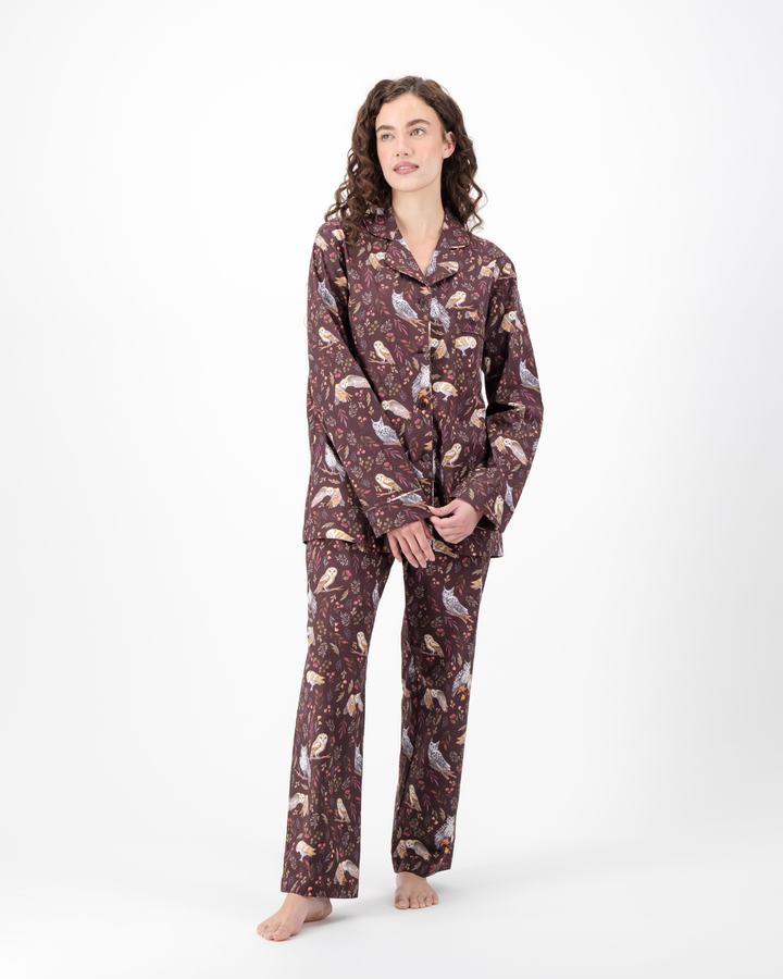 Womens Long Pyjamas - Owls on Burgundy
