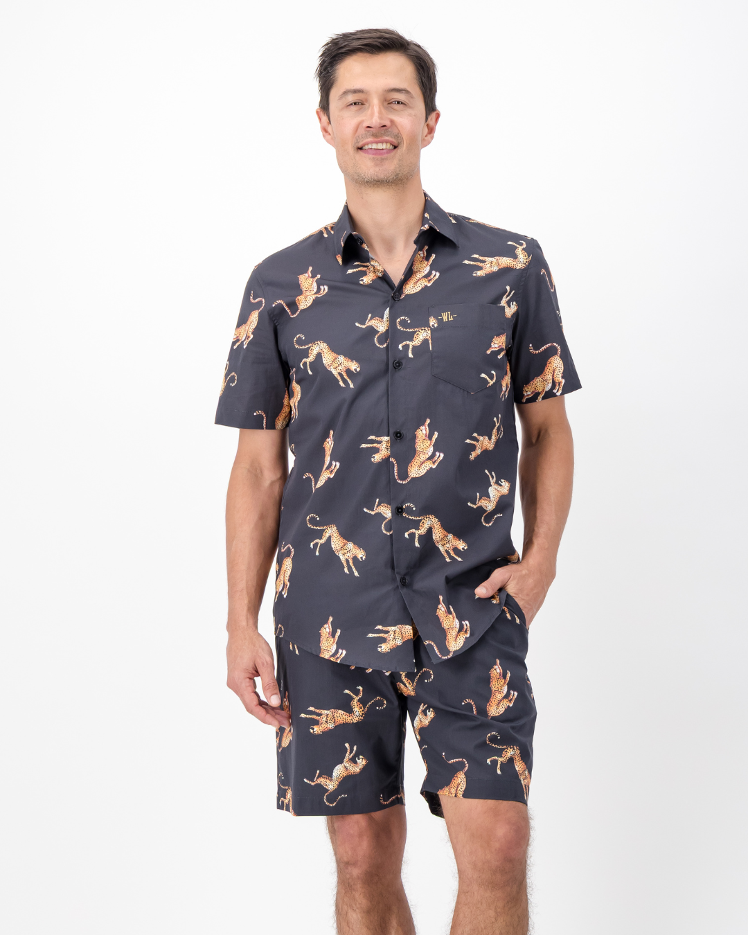Mens Holiday Shirt - Jumping Cheetah on Charcoal