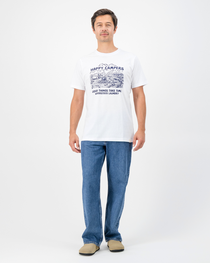 Mens T-Shirt - Navy Happy Potjie Campers on White