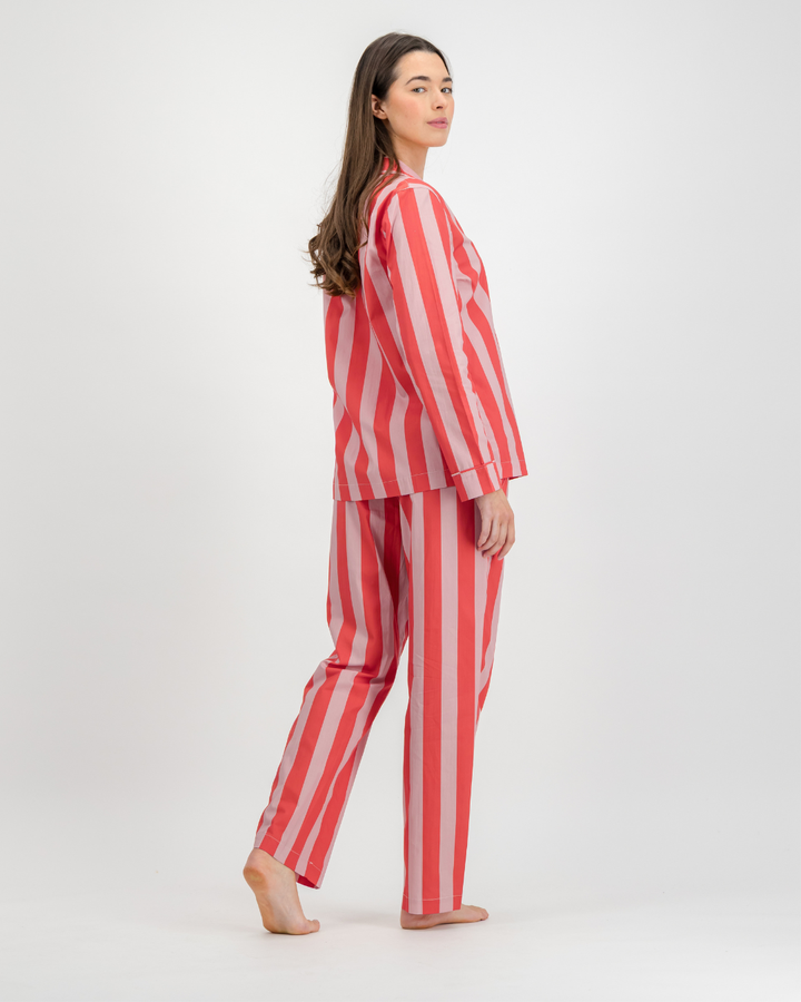 Womens Long Pyjamas - Pink Stripe on Red