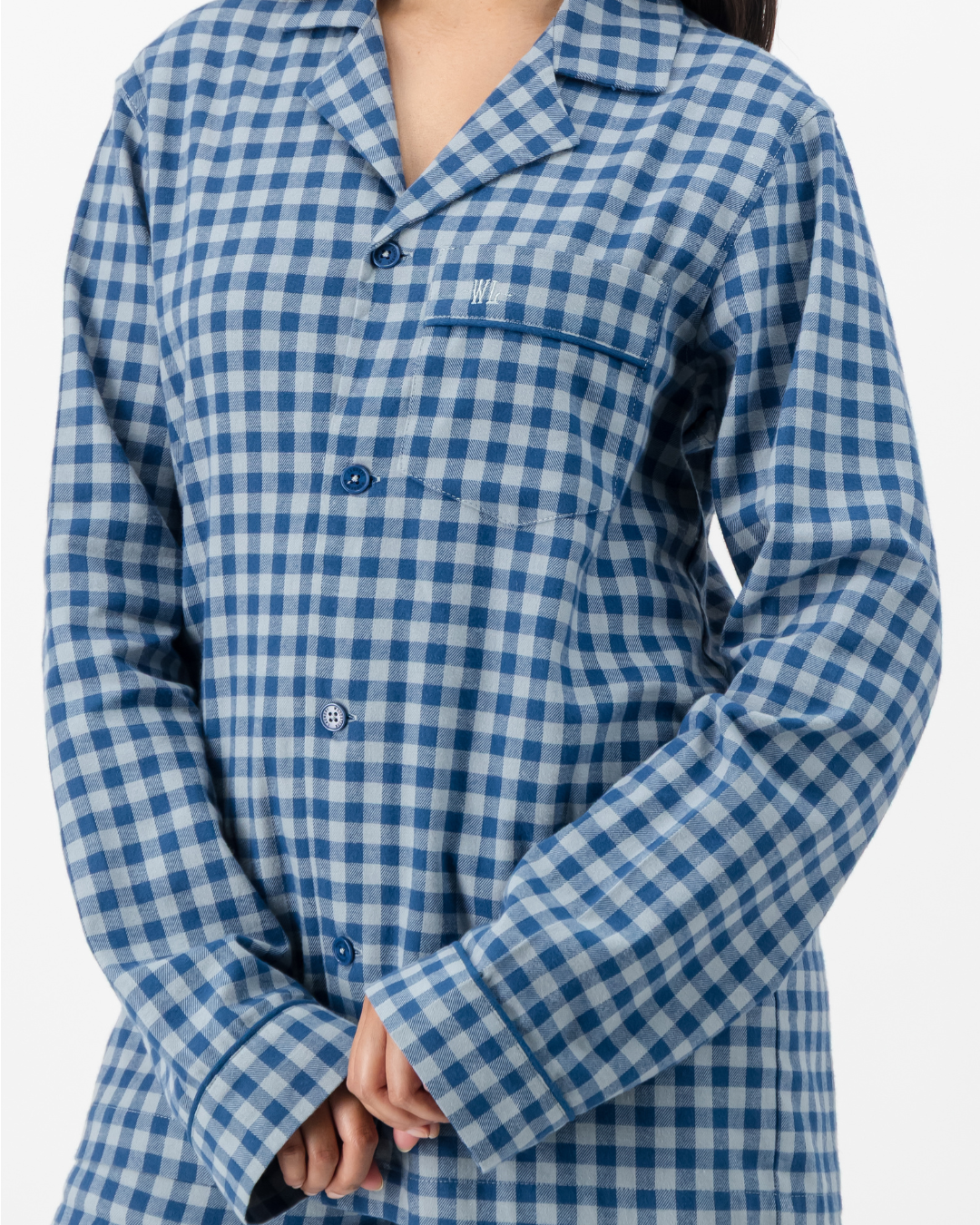Womens Long Pyjamas - Grey Gingham on Navy