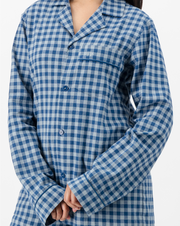 Womens Long Pyjamas - Grey Gingham on Navy