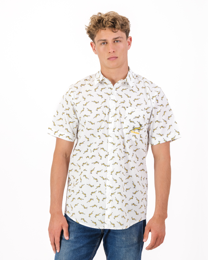 Mens Holiday Shirt - Custom Springboks Yellow Bok on White