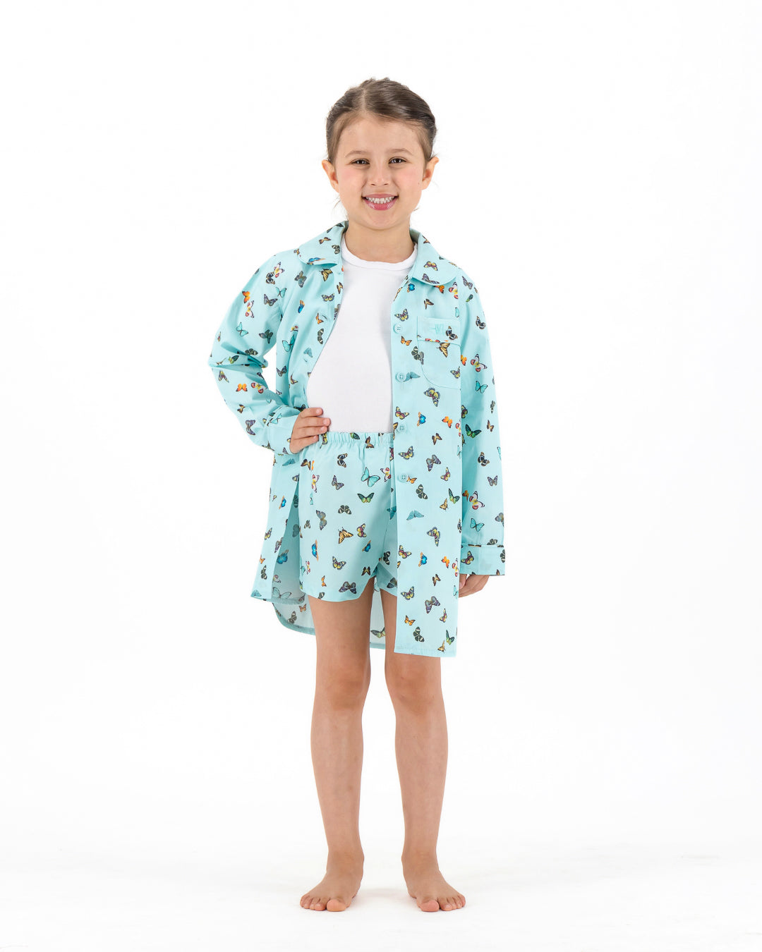 Girls Long Sleeve Sleepshirt and Shorts Set - Butterflies on Blue