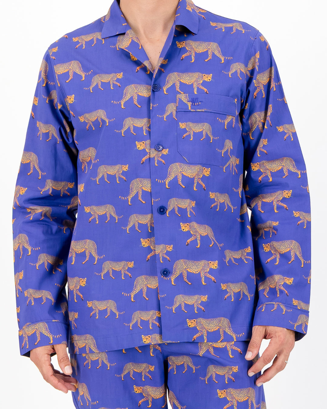 Mens Long Pyjamas - Cheetahs on Blue