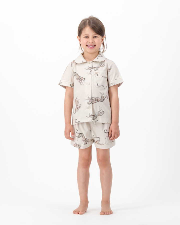 Girls Short Pyjamas - Jumping Cheetah on Beige