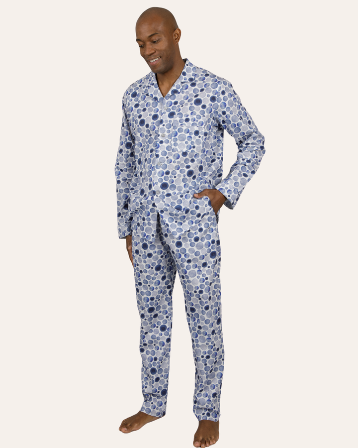Mens Long Pyjamas - Blue Dots on White