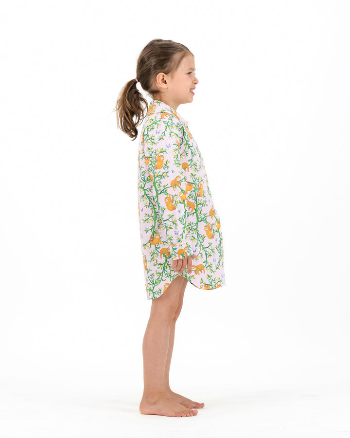 Girls Long Sleeve Sleepshirt and Shorts Set - Sloths and Blue Butterflies on Pink