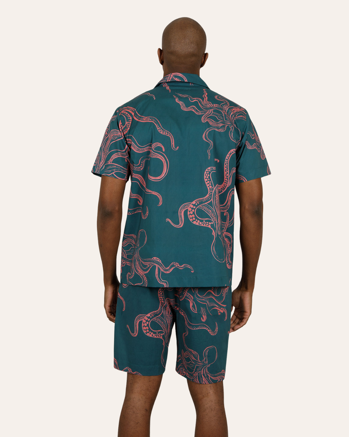 Mens Short Pyjamas - Pink Octopus on Green