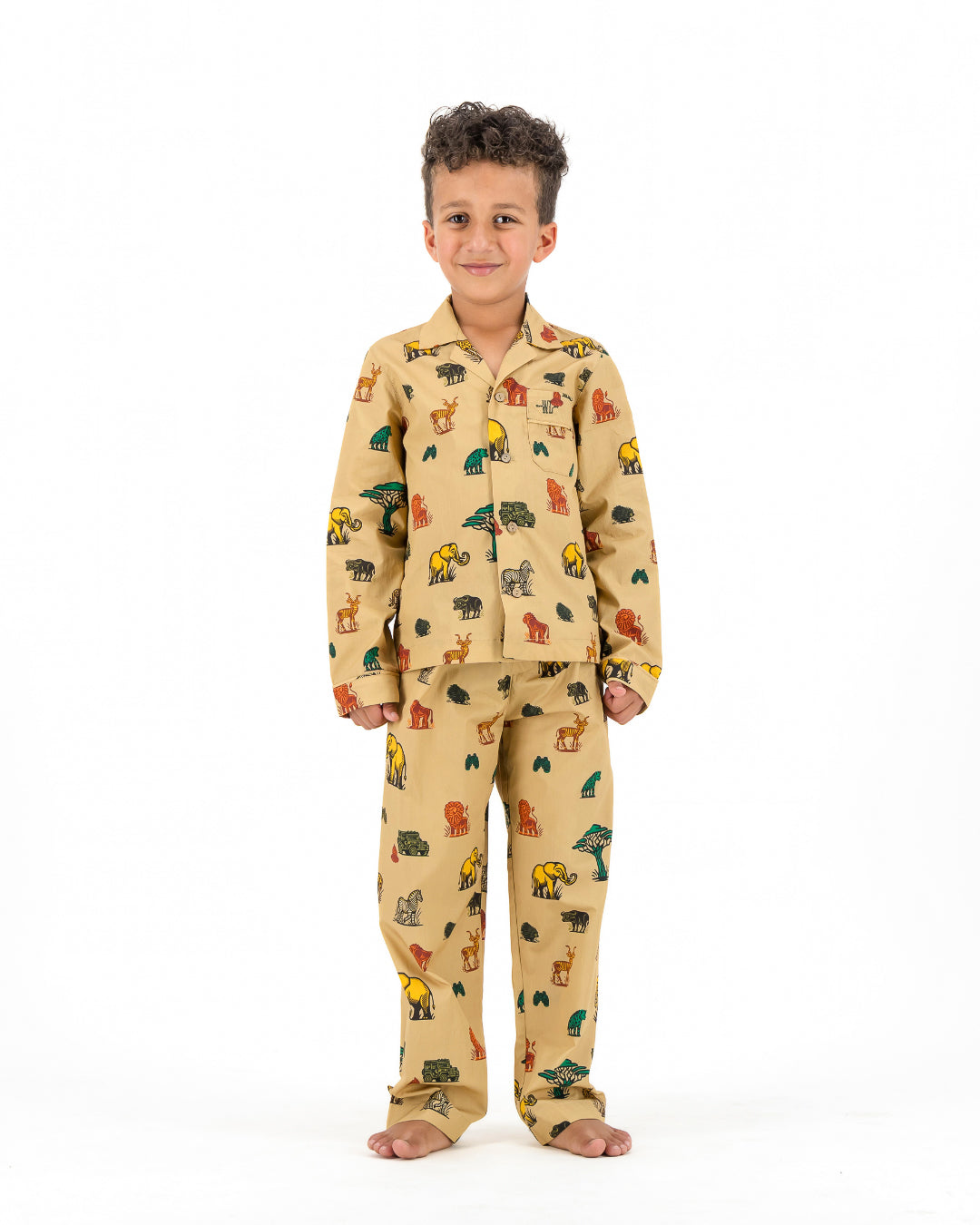 Boys Long Pyjamas - Safari Animals on Khaki