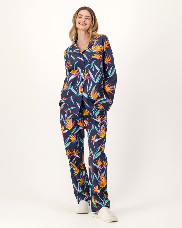 Womens Long Pyjamas - Strelitzia on Black