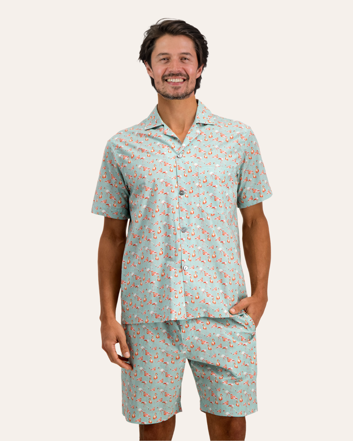 Mens Short Pyjamas - Pink Flamenco on Blue