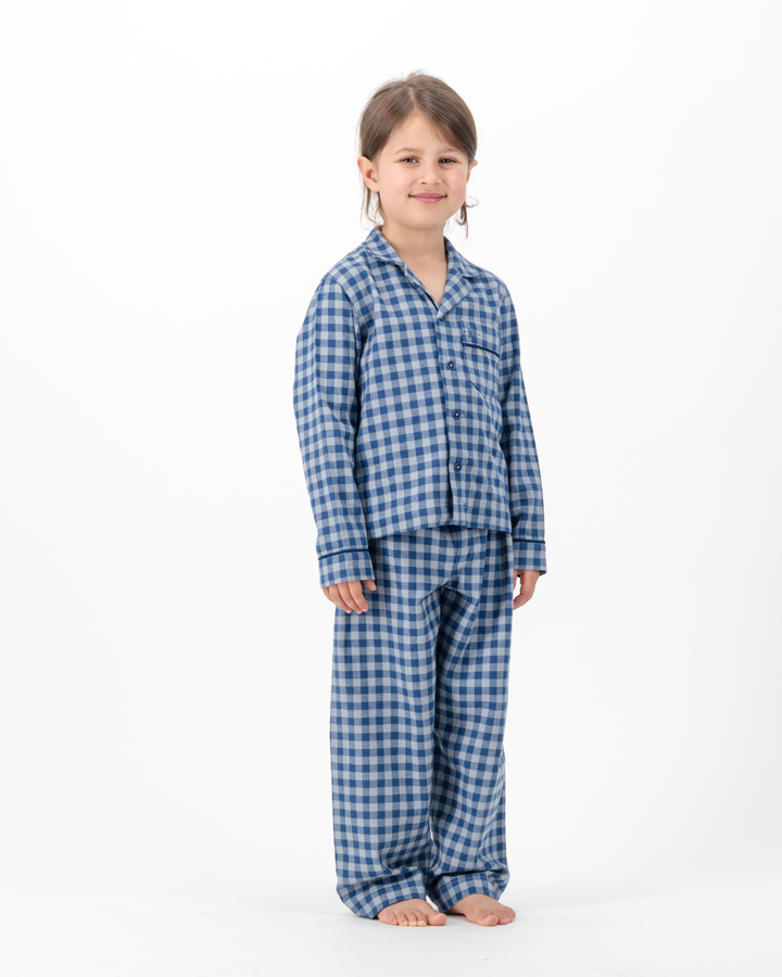 Kids Long Pyjama - Grey Gingham on Navy