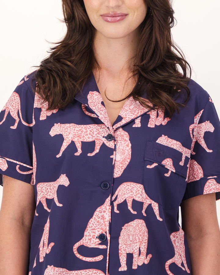 Womens Short Pyjamas - Pink Leopard on Navy