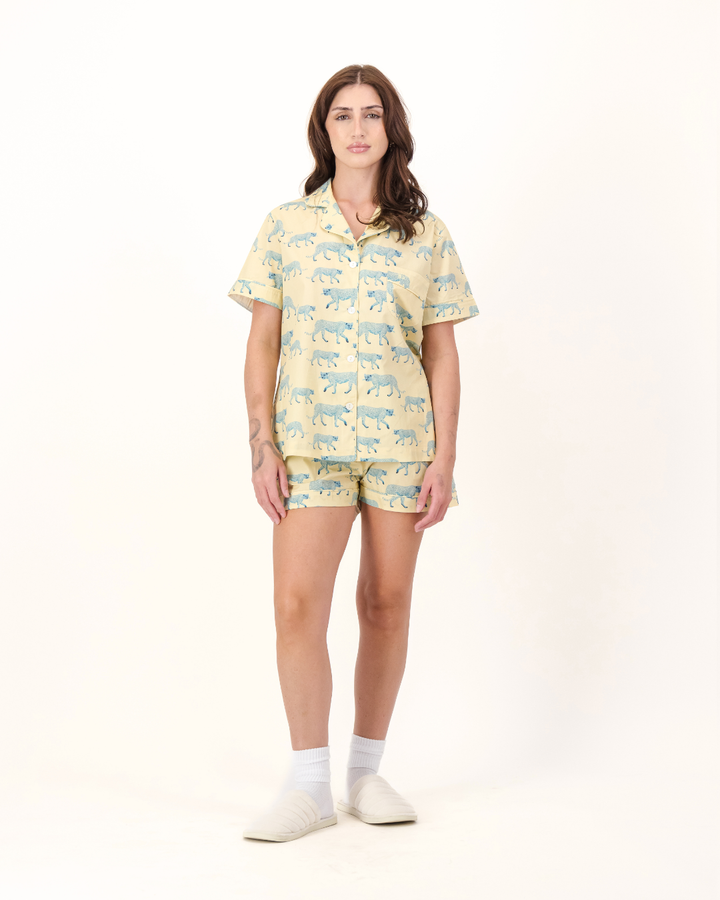 Womens Short Pyjamas - Blue Cheetahs on Yellow