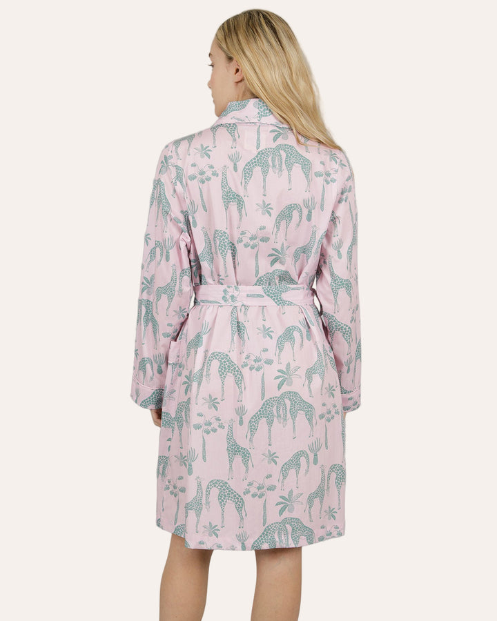 Womens Dressing Gown - Green Giraffes on Pink