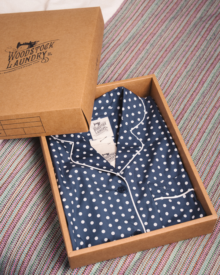 Womens Short Pyjamas - White Polka Dot On Navy