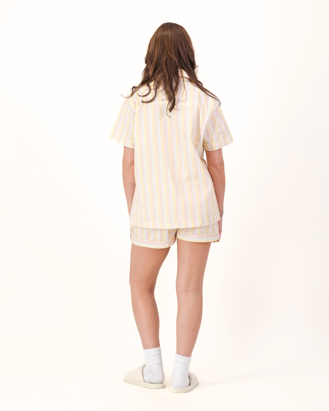 Womens Short Pyjamas - Pink and Yellow Stripes on White