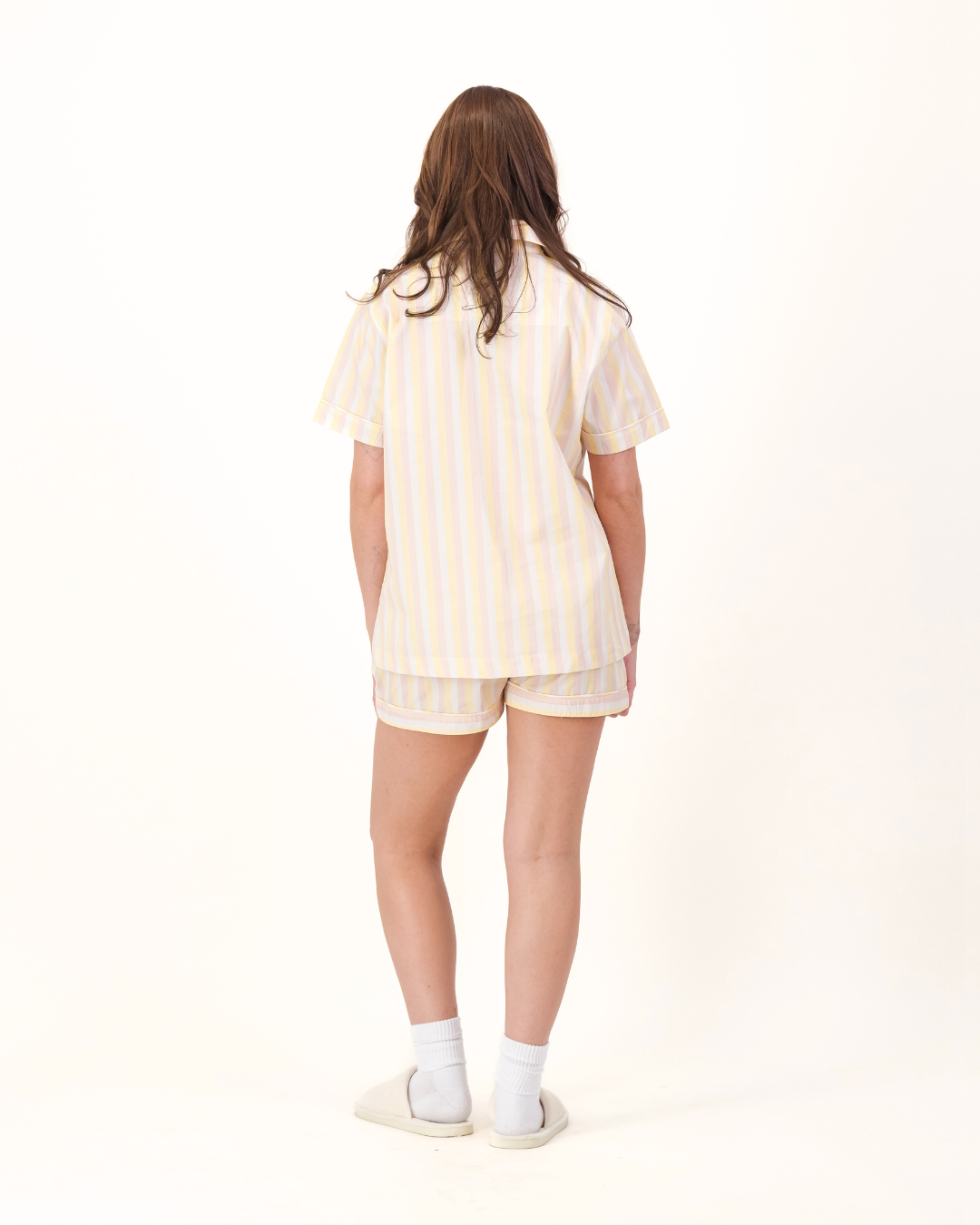 Womens Short Pyjamas - Pink and Yellow Stripes on White