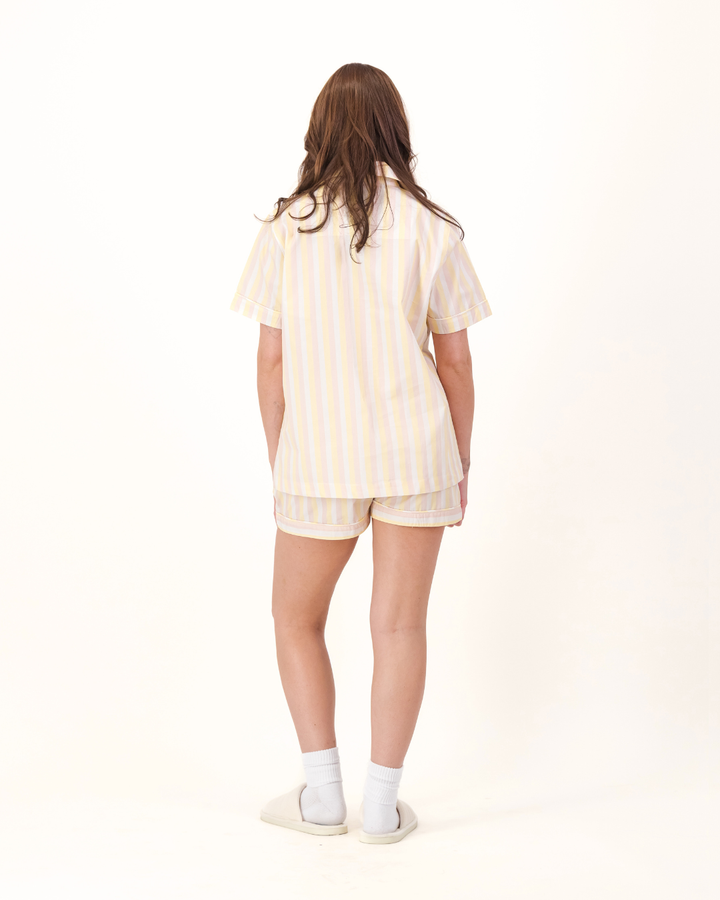Womens Short Pyjamas - Pink and Yellow Stripes on White