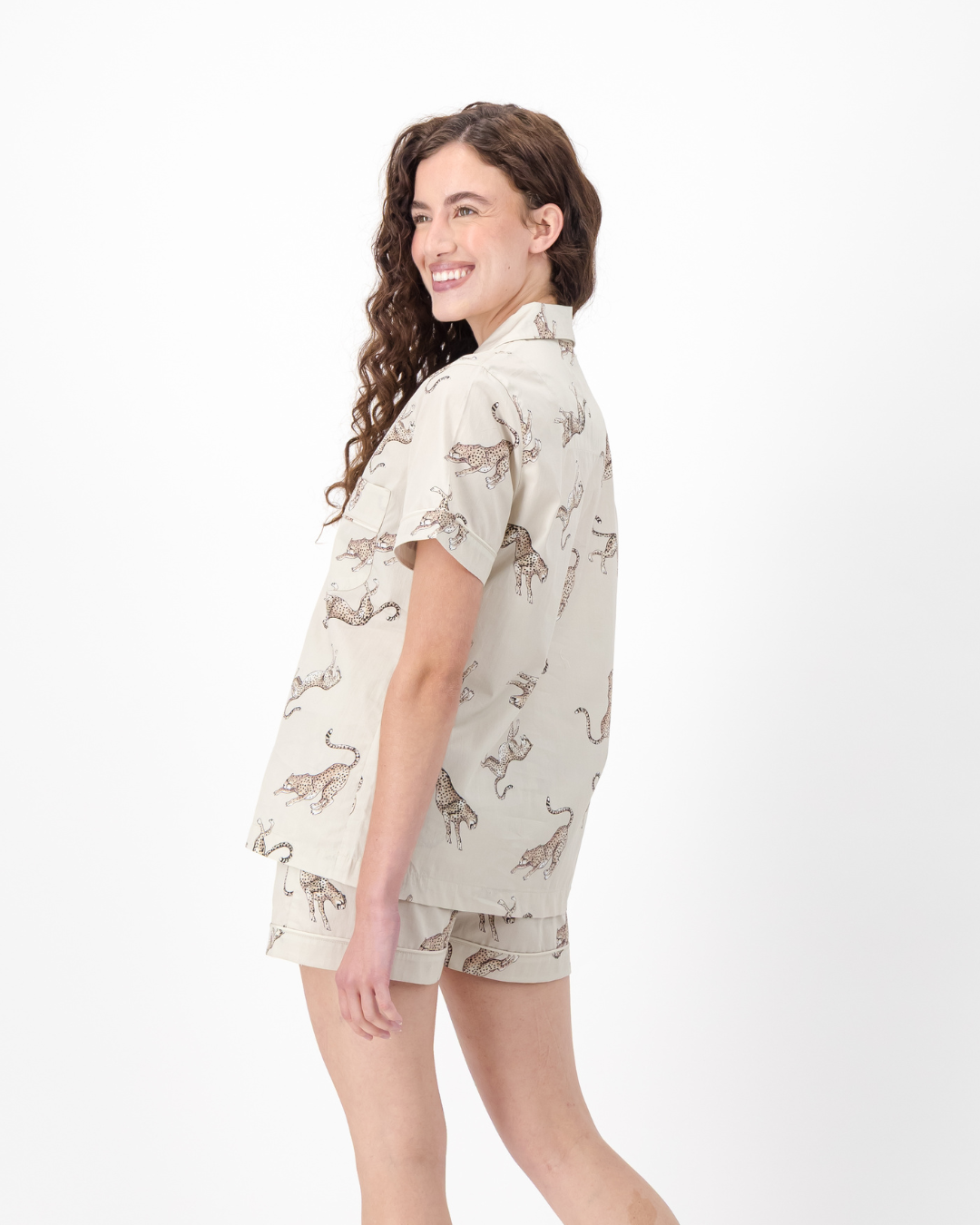 Womens Short Pyjamas - Jumping Cheetah on Beige