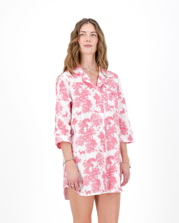 Womens Sleepshirt - Pink Mono Safari on White