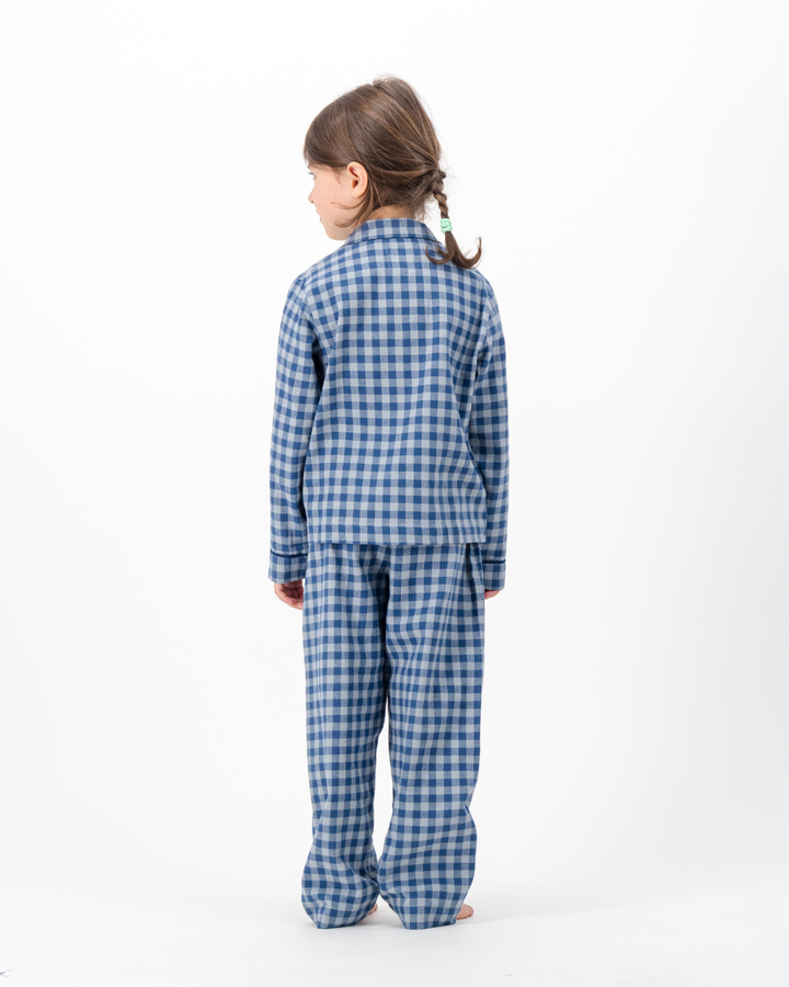 Kids Long Pyjama - Grey Gingham on Navy