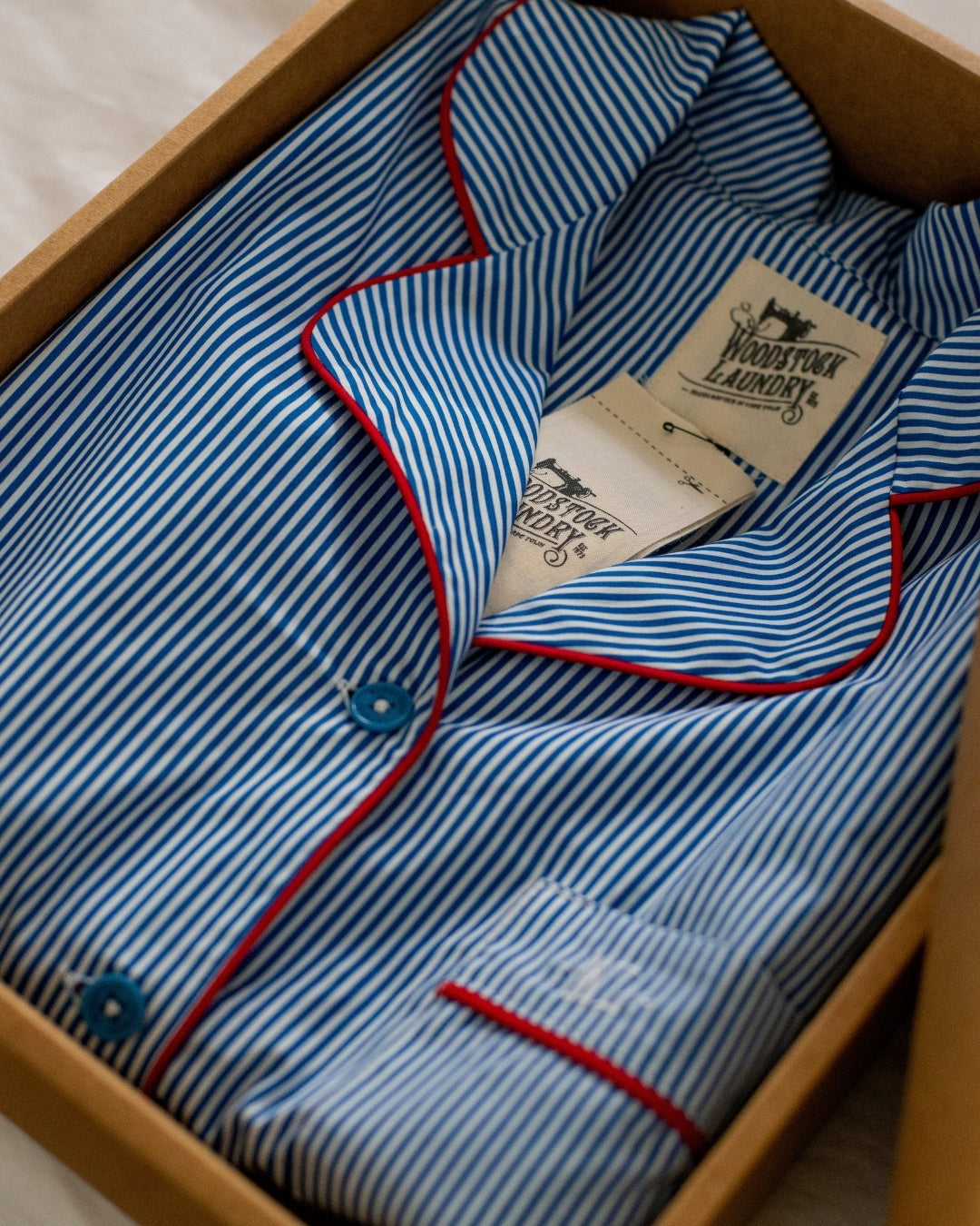 Womens Long Pyjama Set with Piped Revere Collar - Blue Stripes on White