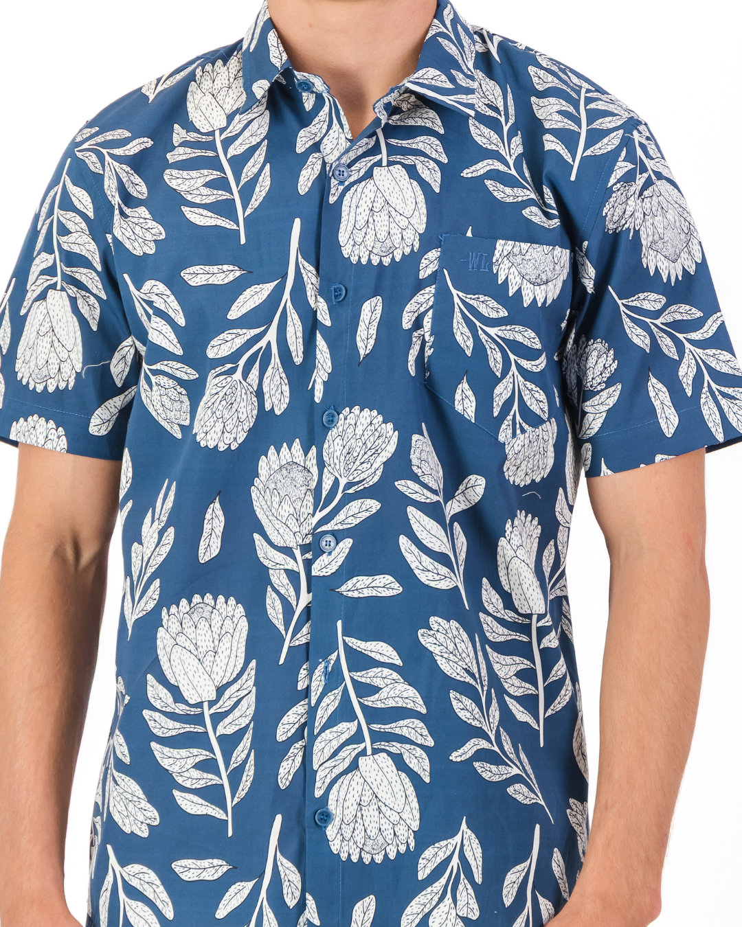 Mens Holiday Shirt - White Proteas on Blue