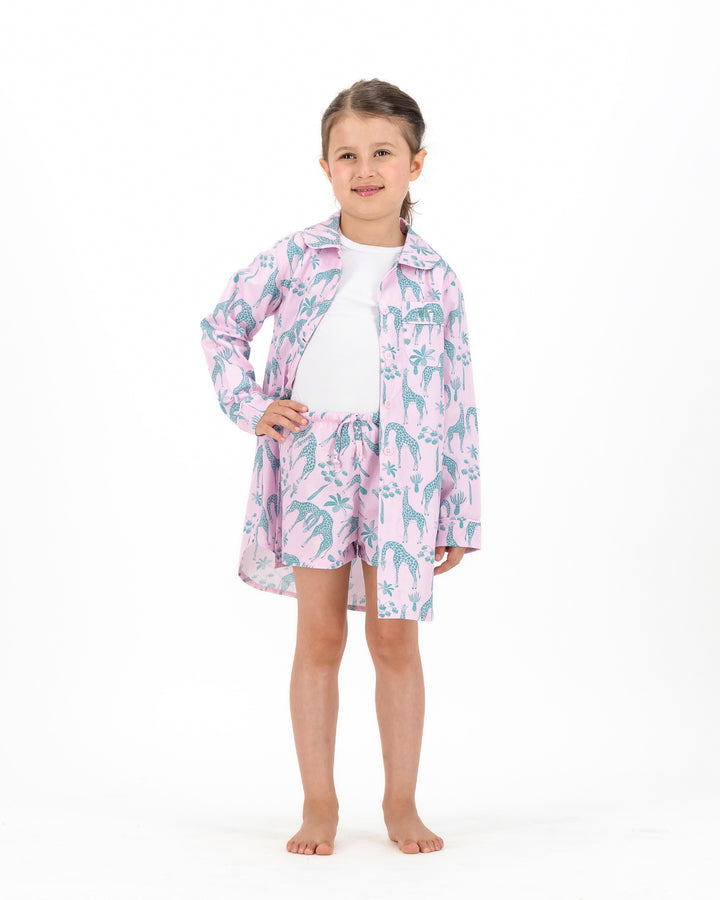 Girls Long Sleeve Sleepshirt and Shorts Set - Green Giraffes on Pink