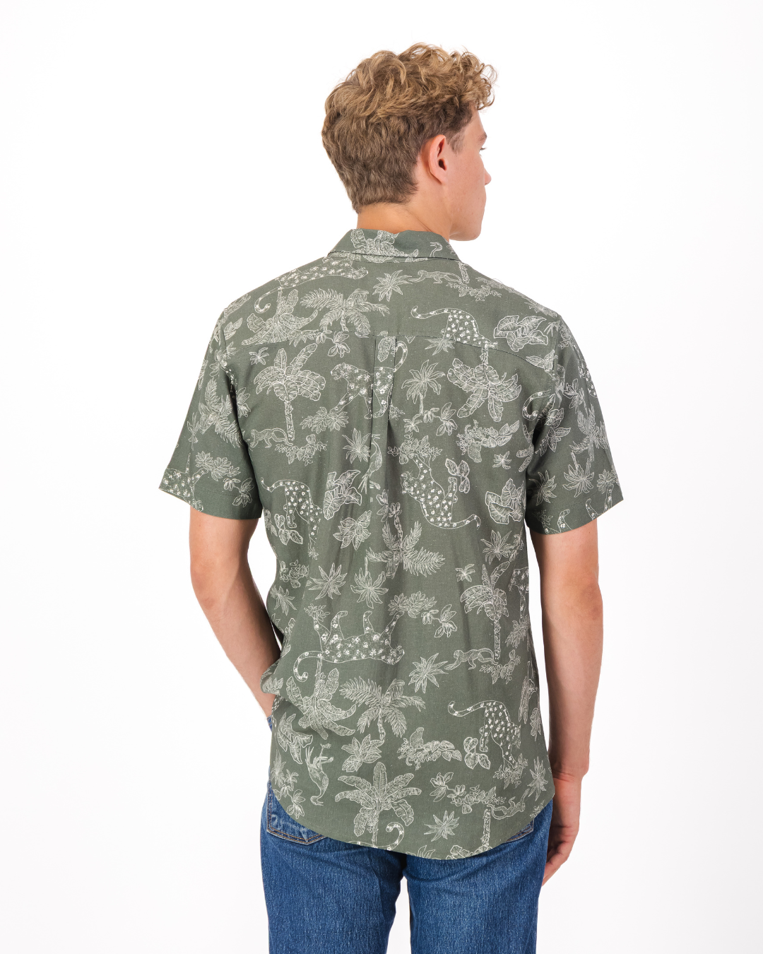 Mens Holiday Shirt - Tropical Leopard on Olive