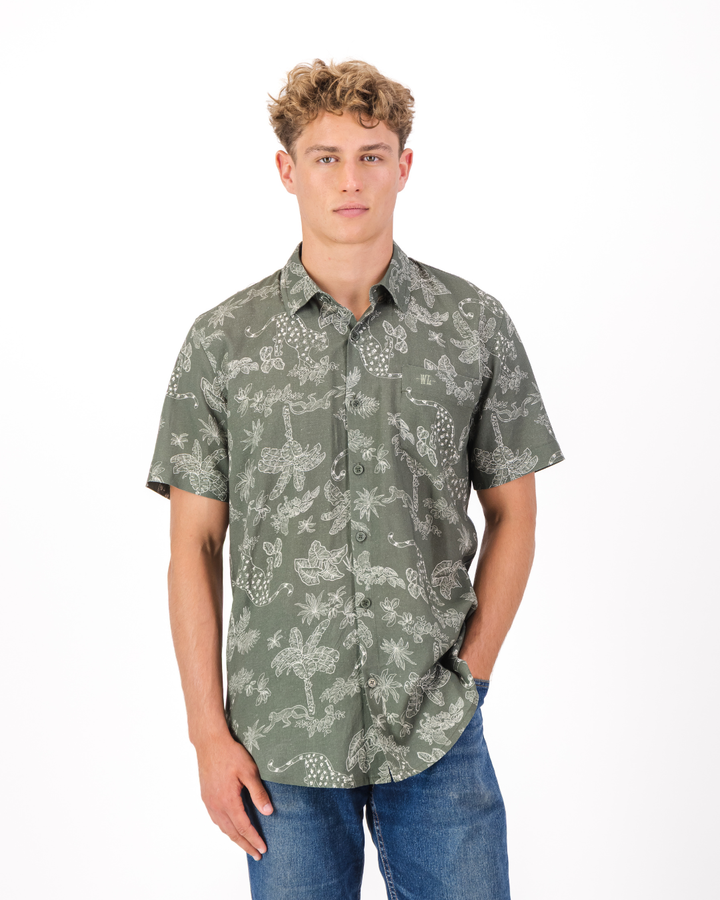 Mens Holiday Shirt - Tropical Leopard on Olive