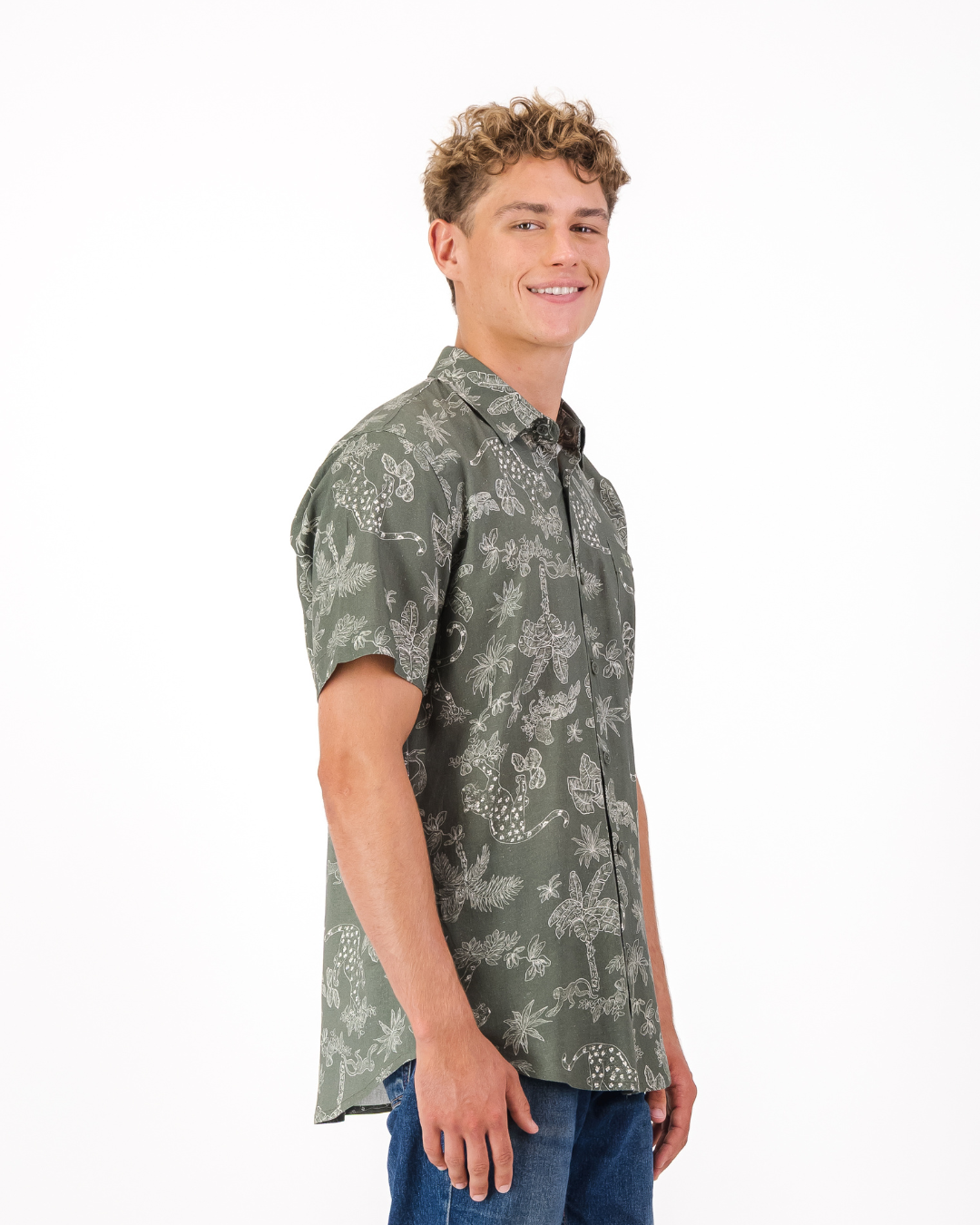 Mens Holiday Shirt - Tropical Leopard on Olive