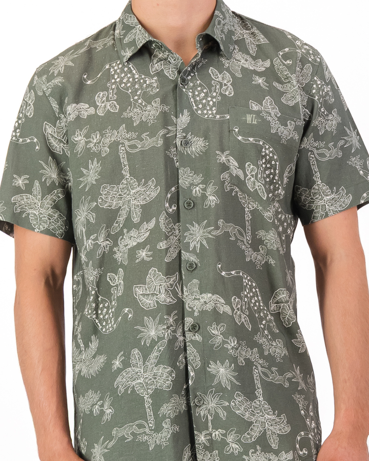 Mens Holiday Shirt - Tropical Leopard on Olive