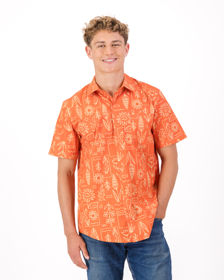 Mens Holiday Shirt - Stone Floral On Red