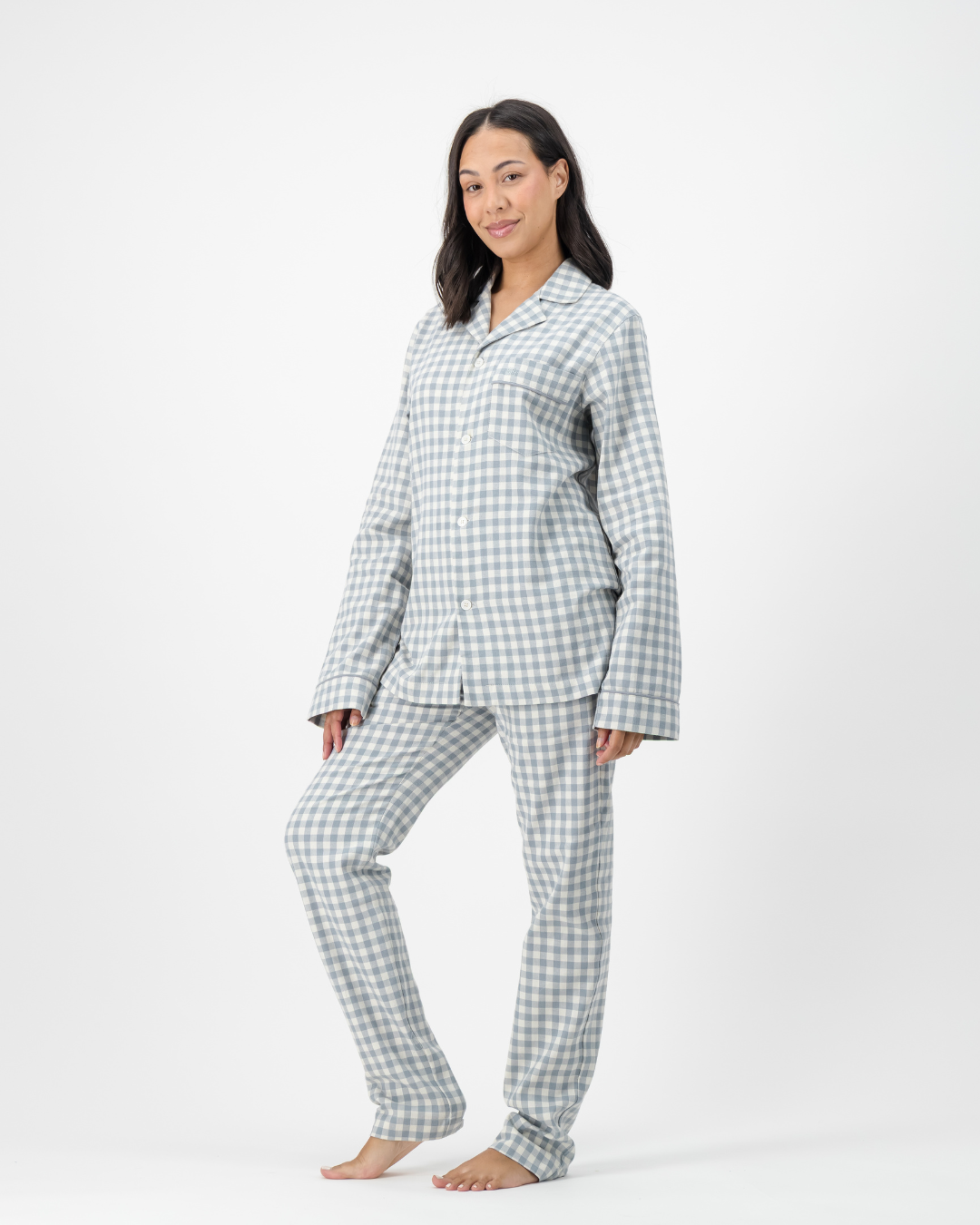 Womens Long Pyjamas - Grey Gingham on Cream